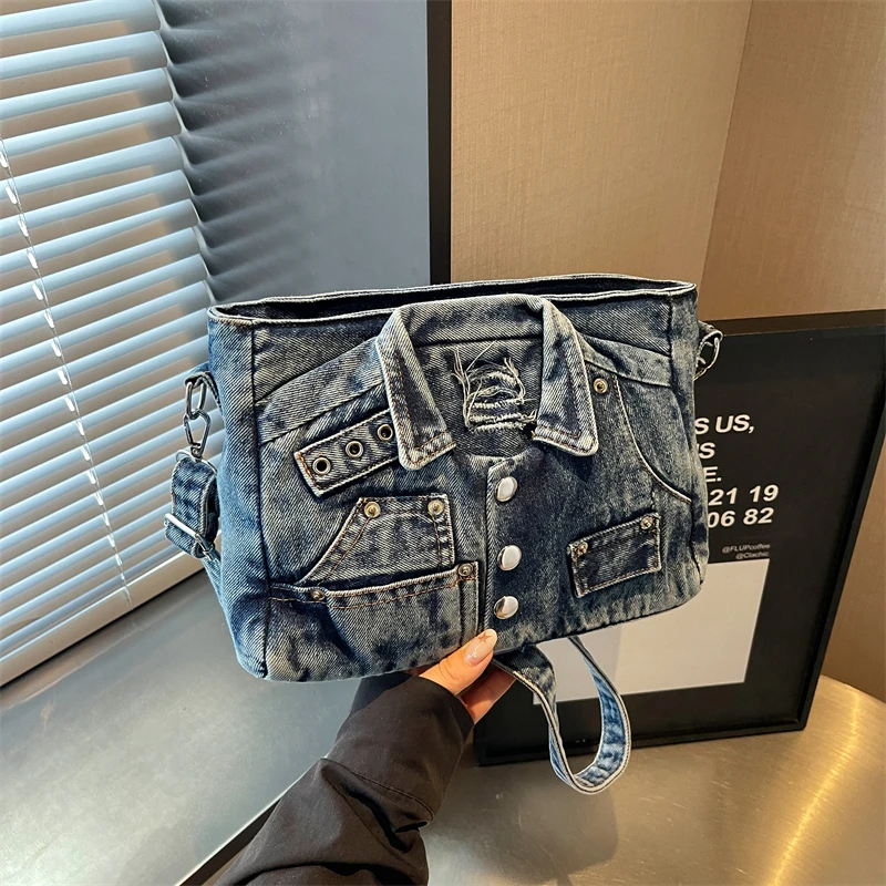 European Brand Denim Motorcycle Bags Women Clothing Shoulder Rivet Zipper Jacket Bag Messenger Bag Women Leather Handbags
