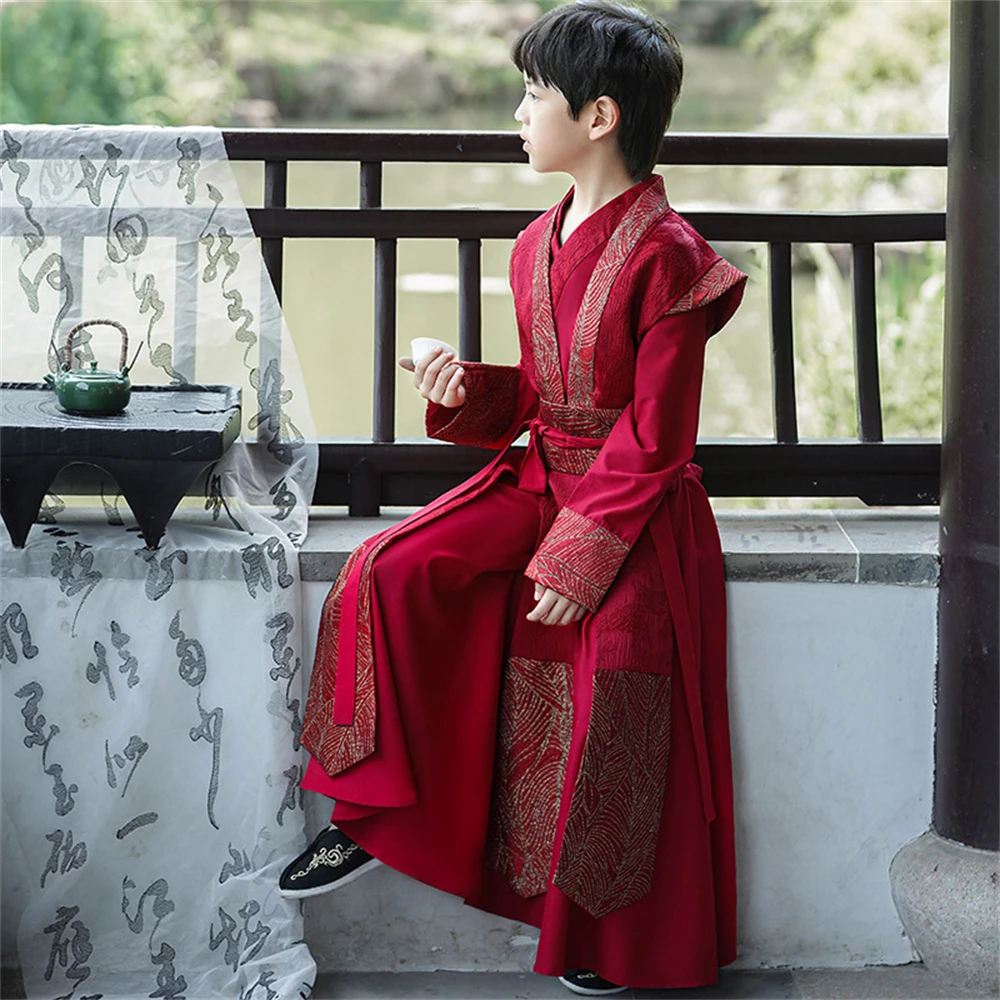 Costume Hanfu traditionnel chinois pour enfants, tenue de performance, beau, haut de gamme, imbibé de Tang, jeune maître, garçon, prairie, amélioré