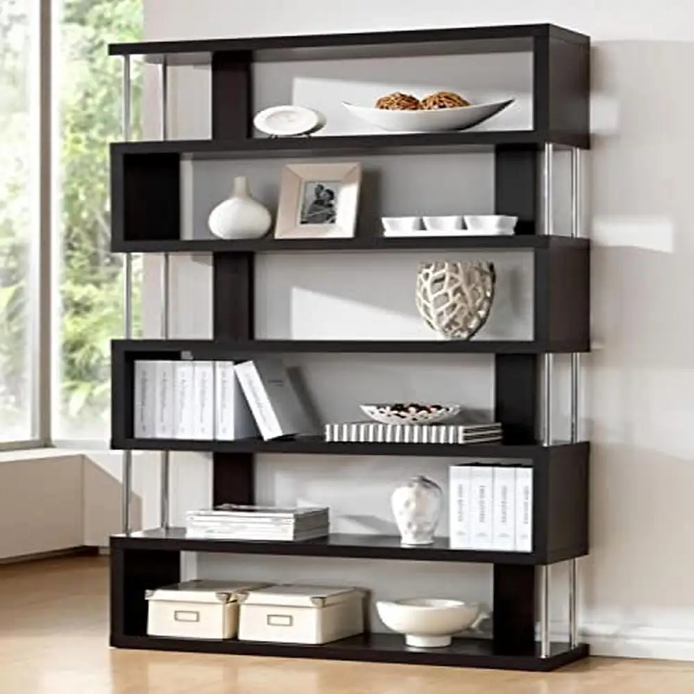 Urban Modern 6-Tier Bookshelf Dark Brown Sturdy Wall-Mounted S-Shaped Storage