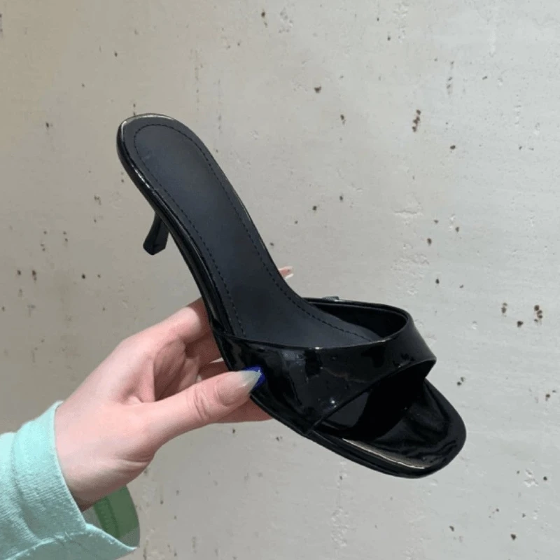 

2026 Summer New Fashion Women High Heels Slippers Square Toe Shoes for Women Design Open Toe Slingback Slides Female
