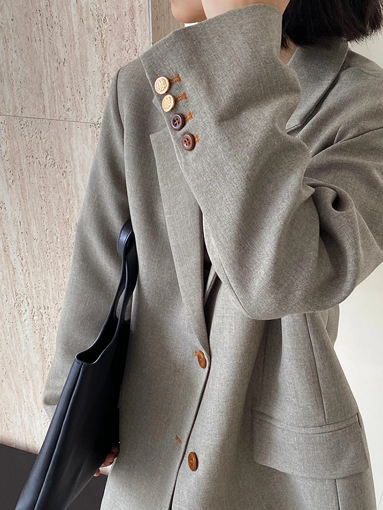 YERMORA 여성용 그레이 버클 브리프 캐주얼 블레이저 옷깃 긴 소매 느슨한 새로운 하이 엔드 자켓 패션 조수 봄 가을 2025