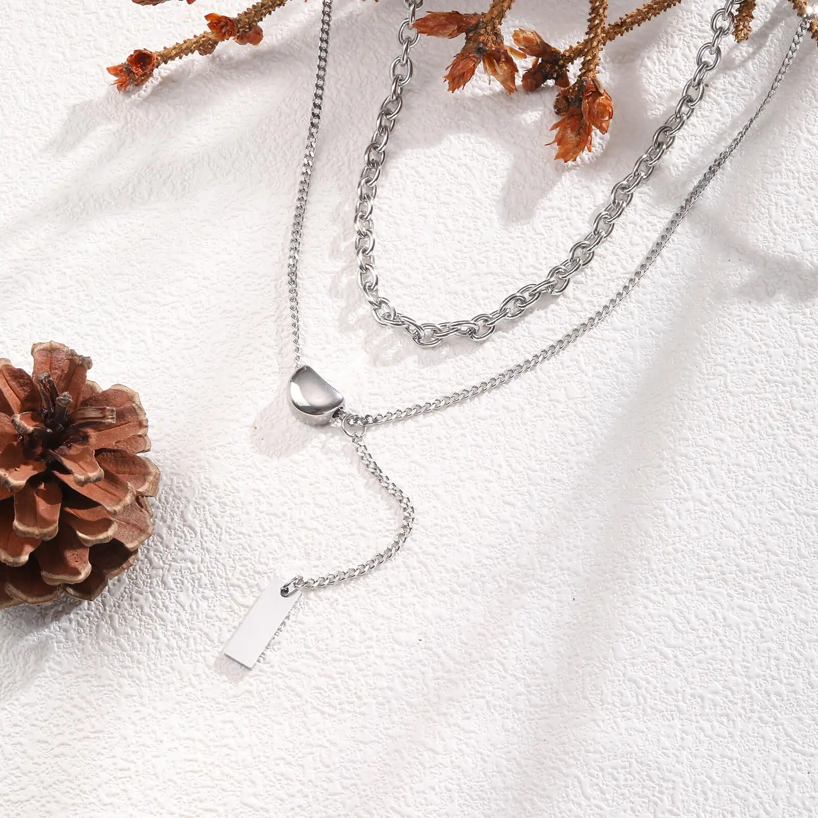 Layered Y Shape Pendant Necklace for Women, Stainless Steel Stackable Cuban Chain Jewelry