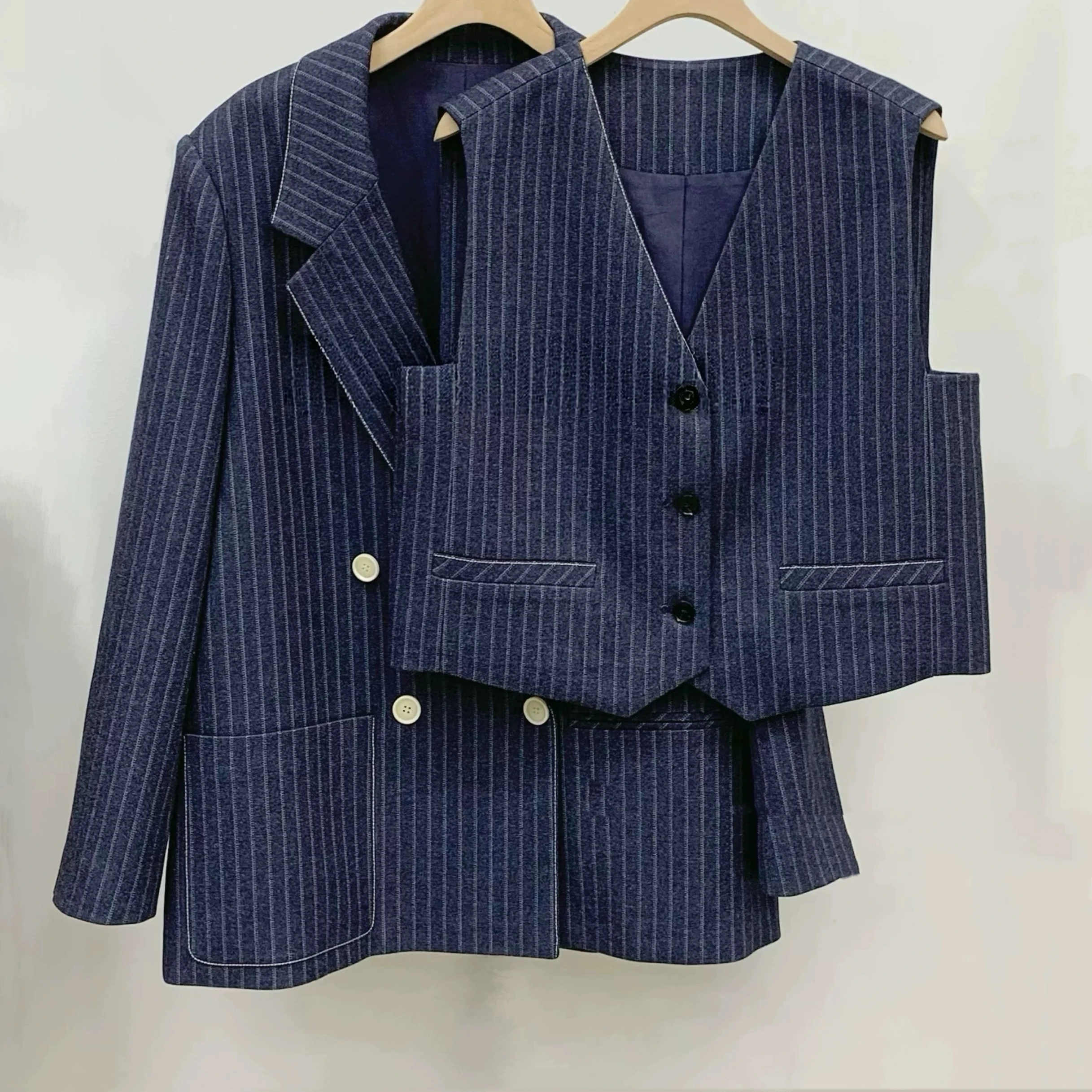 الليمون الجبن الخريف عالية الصوف مخطط دعوى سترة قطعتين مجموعة تخفيف التلبيب صف مزدوج زرر فضفاض صالح طويل Sve