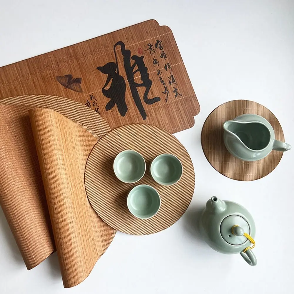 Fine Bamboo Woven Bamboo Tea Mat Oval Shaped Vintage Style Tea Ceremony Bamboo Mat Woven Bamboo Heat Insulation Bamboo Tea Set