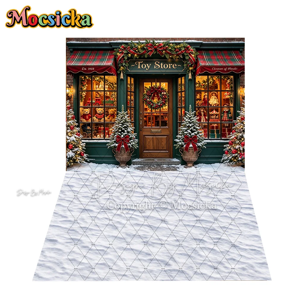 Mocsicka Christmas Toy Store Street Corner Backdrop Photography Snowy Vintage Town Pine Tree Background Kid Family Winter Photo