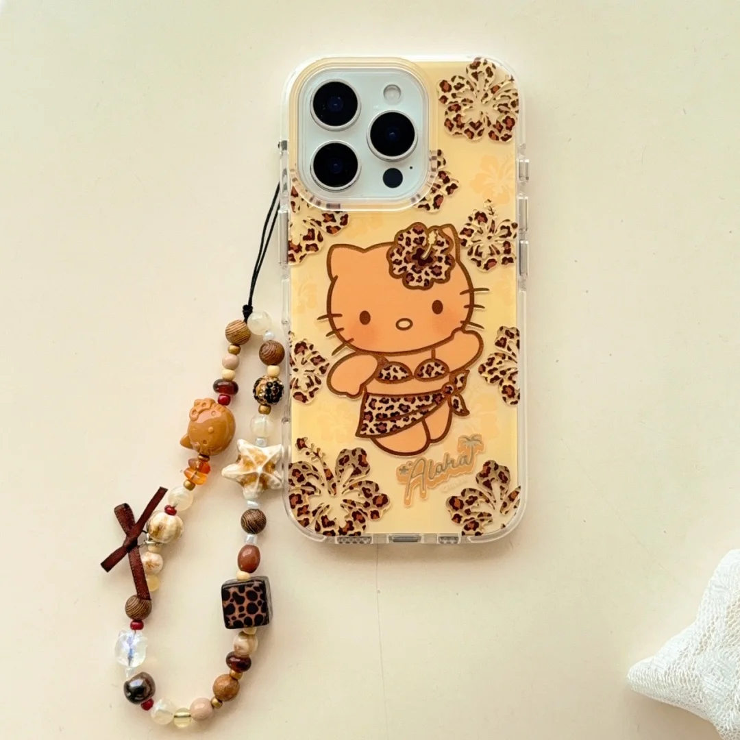 Vintage lindo leopardo Bikini Hello Kitty pulsera accesorio funda de teléfono para iPhone 16 E 15 14 13 Pro Max Y2K cubierta ﻿ ﻿