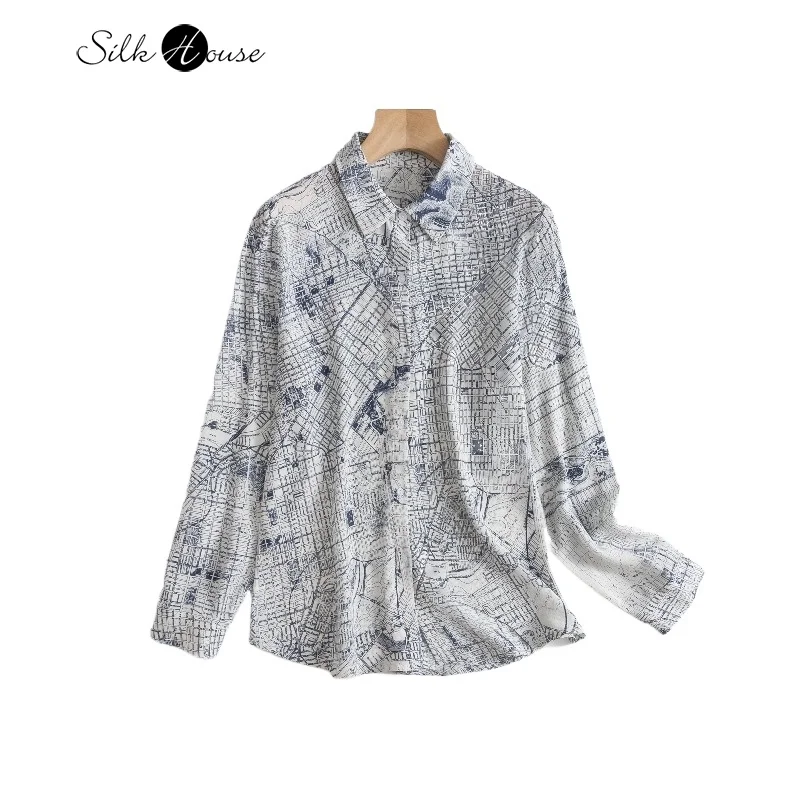 

2025 Women's Autumn New 100% Natural Mulberry Silk 04 Crepe De Chine OL Style Loose Versatile Casual Long Sleeve Print Shirt