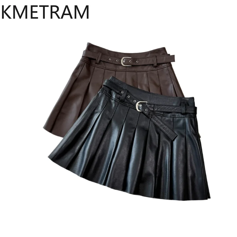 KMETRAM 100% Top Layer Sheepskin Skirts for Woman Genuine Leather Pleated Skirt Autumn Korean Fashion Clothing 2025 юбка шорты