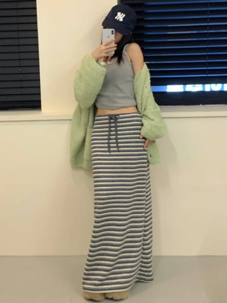 

Retro Striped Color Blo Belted High Waist Slimming Skirt for Women Chic Korean Sle Long Skirts Spring Autumn Winter