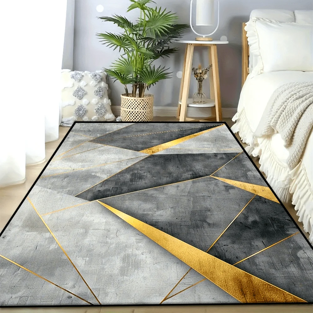 Gold Triangle Marble Area Carpet Modern Luxury Abstract Geometric Graphic Design Rug for Living Room Bedroom Home Decor