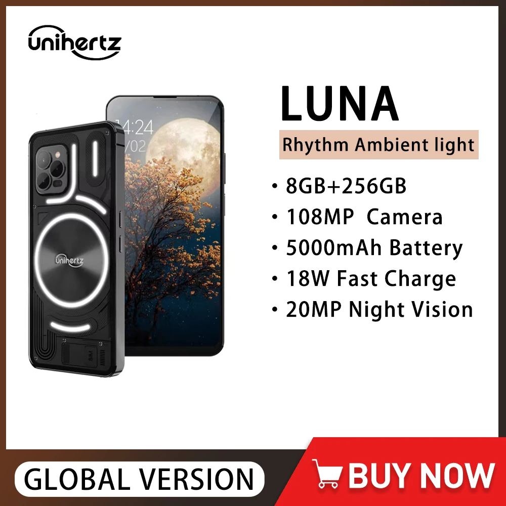 Unihertz Luna 4G Smartphone Android 6.81 Inch HD G99 8GB+256GB Telefon komórkowy Night Vision 5000mAh 108MP NFC LED Strip Telefon muzyczny