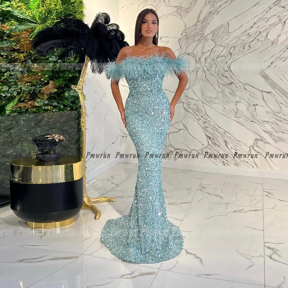 

Sparkle Mermaid Prom Dresses Long Luxury Gowns Off Shoulder Boat Neck Glitter Sequin Velour Feather Pageant Party Vestido Fiesta