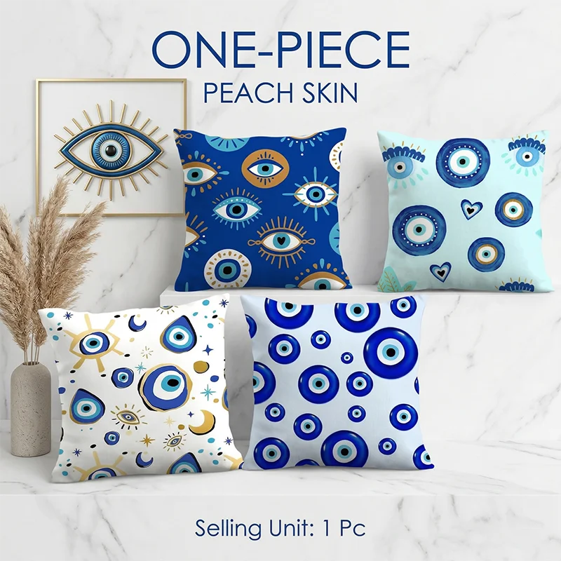 

Turkish Blue Evil Eye Cushion Cover Peach Skin Amulet Throw Pillowcase Boho Home Decor for Sofa Living Room Couch Bed 1PC 40x40