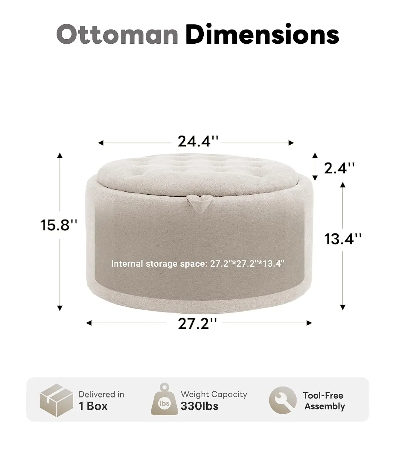 Round Storage Ottoman Footrest Seat Plush Fabric Spacious Interior Living Room Bedroom Nursery Beige, Customized