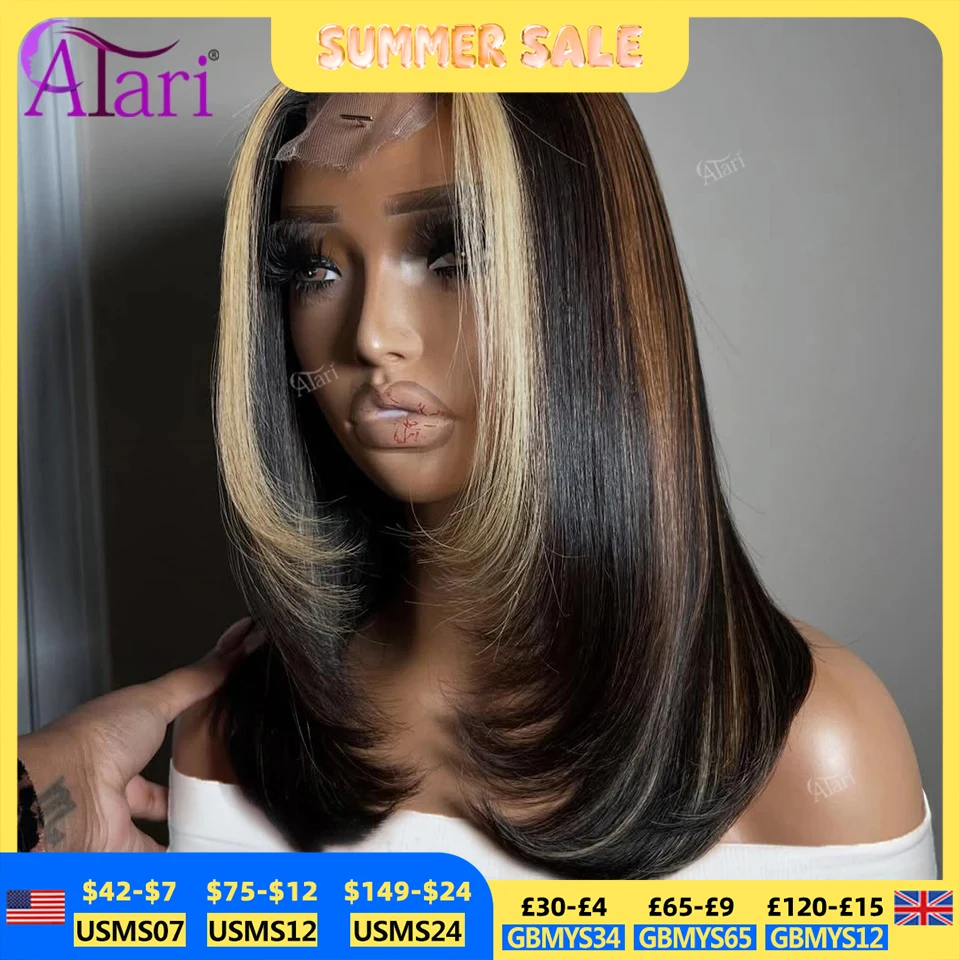 Peruca de Cabelo Humano Lisa Curta com Destaques, Marrom Listrado e Liso, Modelo Bob, com Renda Frontal 13x4 Transparente, Densidade 180, Modelo 27 Upgrade