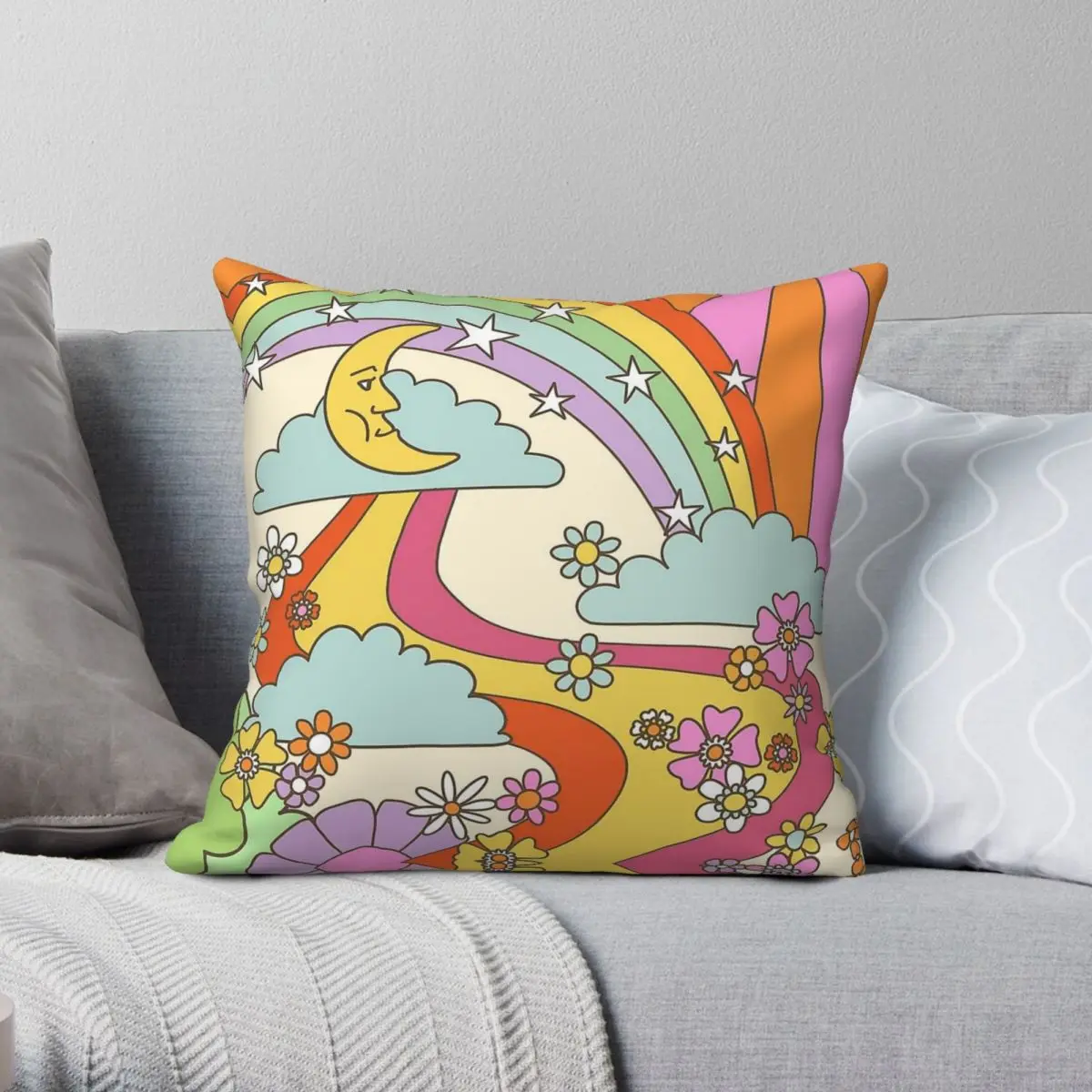 Retro Trippy Hippie Boho Pillowcase Polyester Linen Velvet Printed Zip Decorative Home Cushion Case
