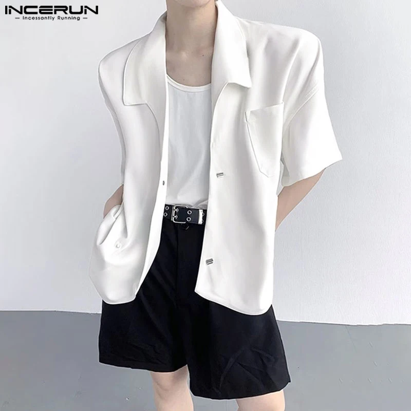 INCERUN Tops 2024 Korean Style Handsome Men Solid Simple Shirt Casual Streetwear Male All-match Lapel Short Sleeved Blouse S-5XL