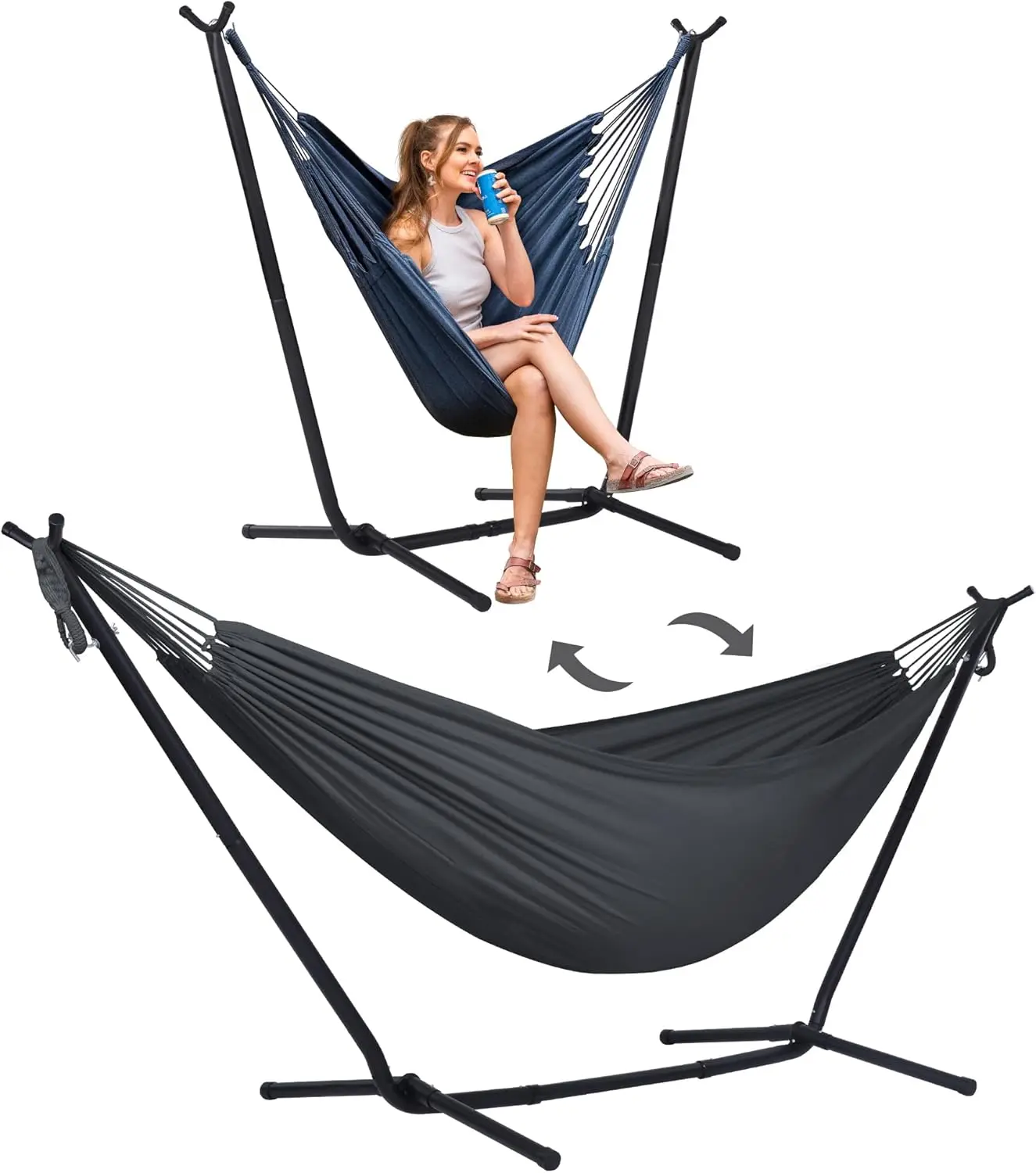 2-in-1 Hammocks Convertible Portable Double Hammock with Stand Included, Outdoor Hammock and Stand, Patented, Dark Grey