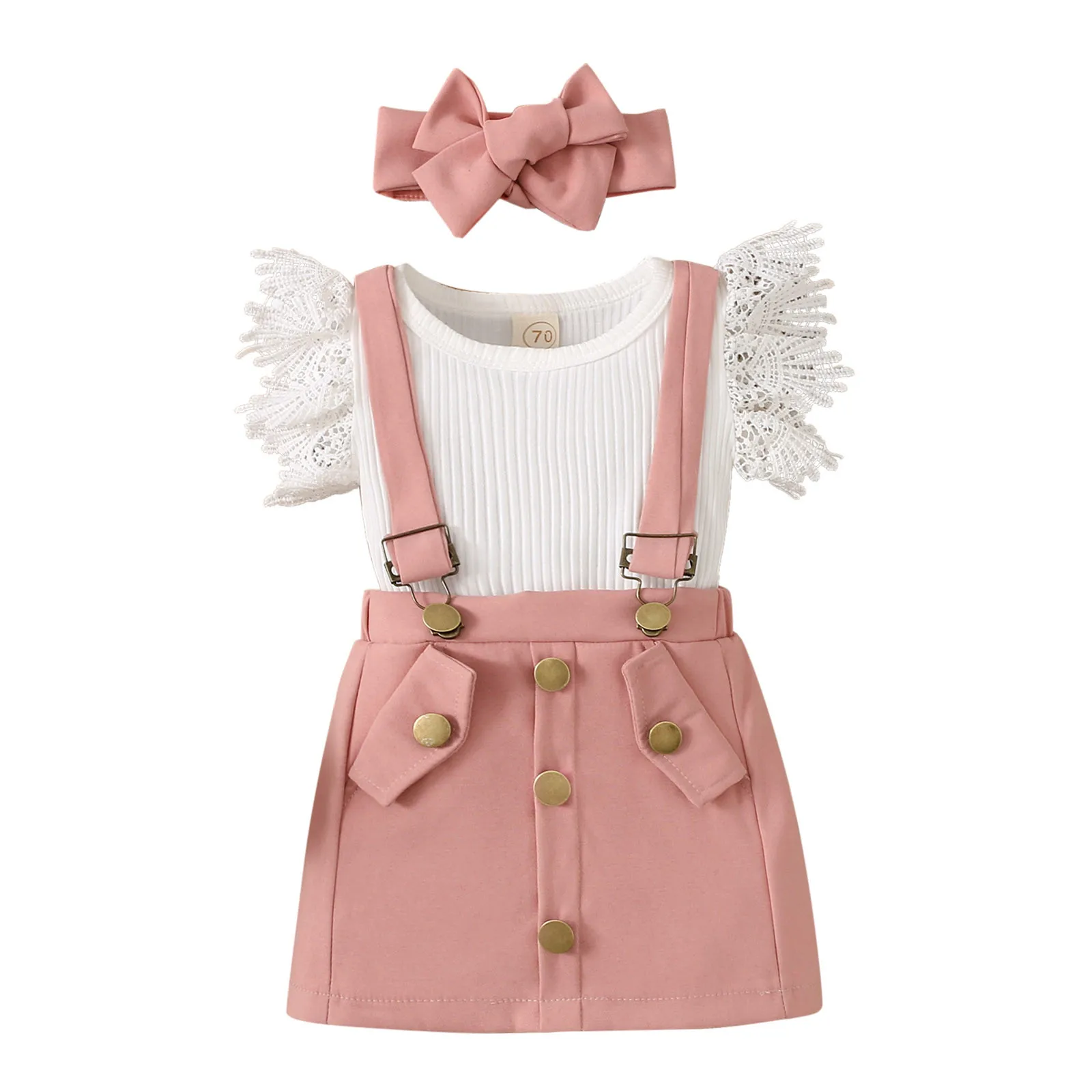 Baby Girl Birth Gift Infant Girls Ruffles Fly Sleeve Solid Ribbed Romper Lace Bodysuits Suspenders Skirt Auntie Girl Outfit