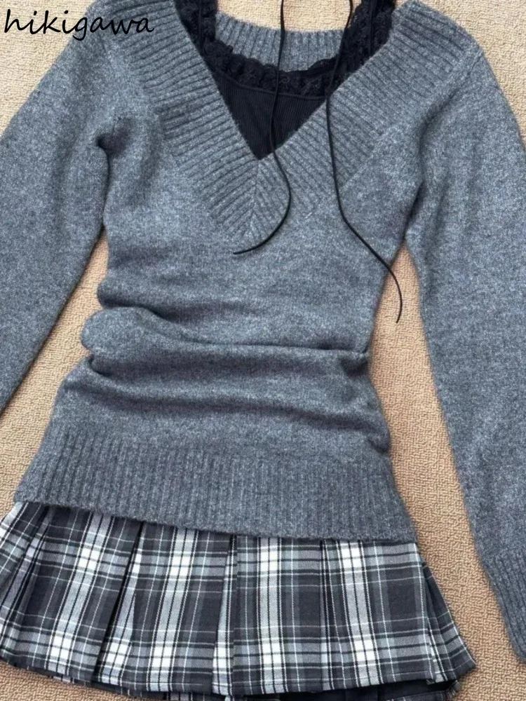 

Vintage Sweater Women Autumn Winter Clothing Pull Femme V-neck Slim Fit Sueter Mujer Solid Color Knitting Korean Pullovers Tops