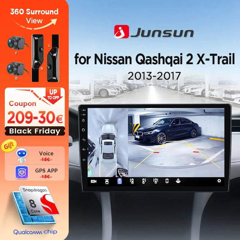 Junsun 360 °   Telecamera panoramica Autoradio Per Nissan Qashqai 2 J11 X-Trail Xtrail 3 T32 13-17 Wireless CarPlay Android Auto Stereo