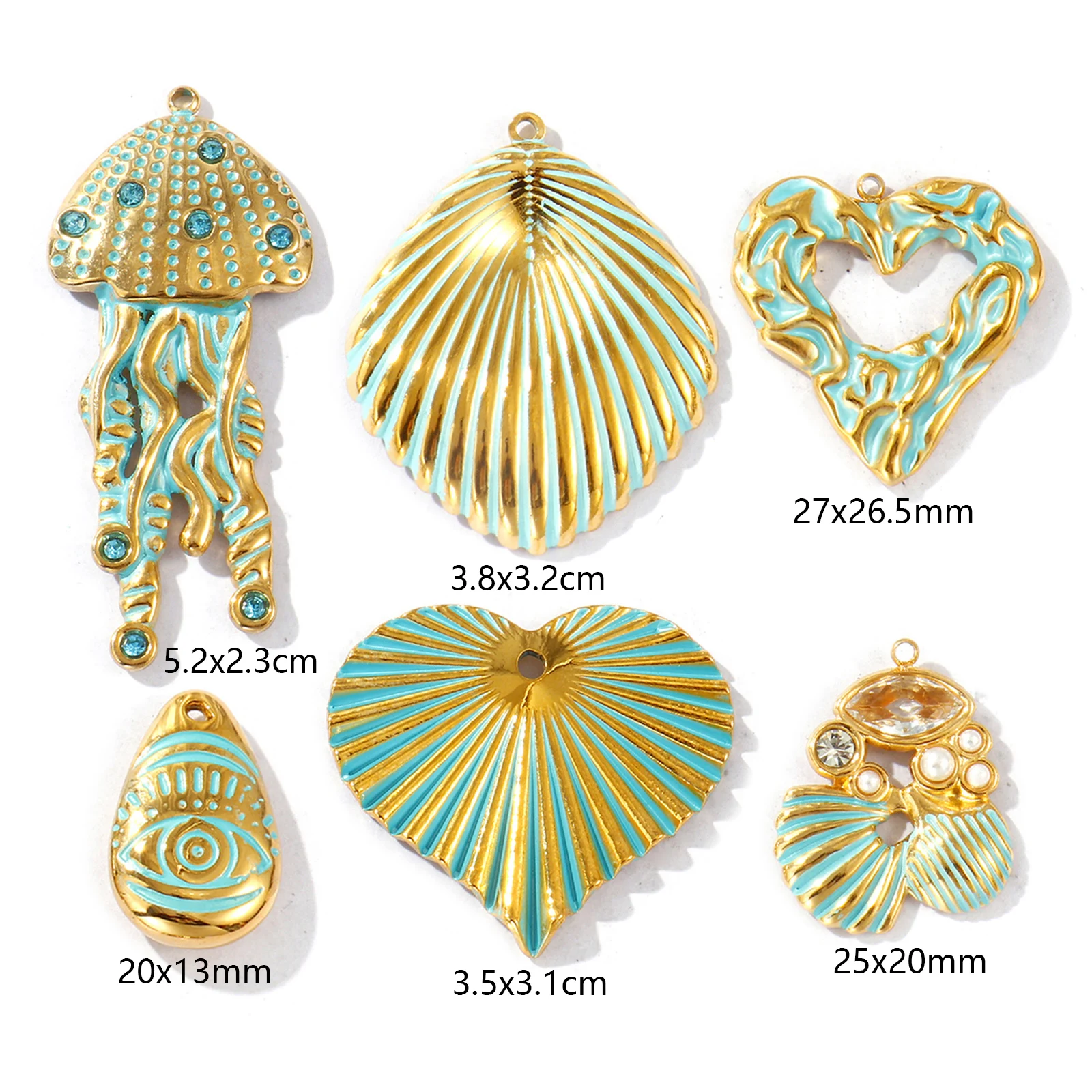1 Piece Waterproof 304 Stainless Steel Ocean Charms 18K Gold Plated Green Enamel Shell Jellyfish Heart Pendants For DIY Necklace