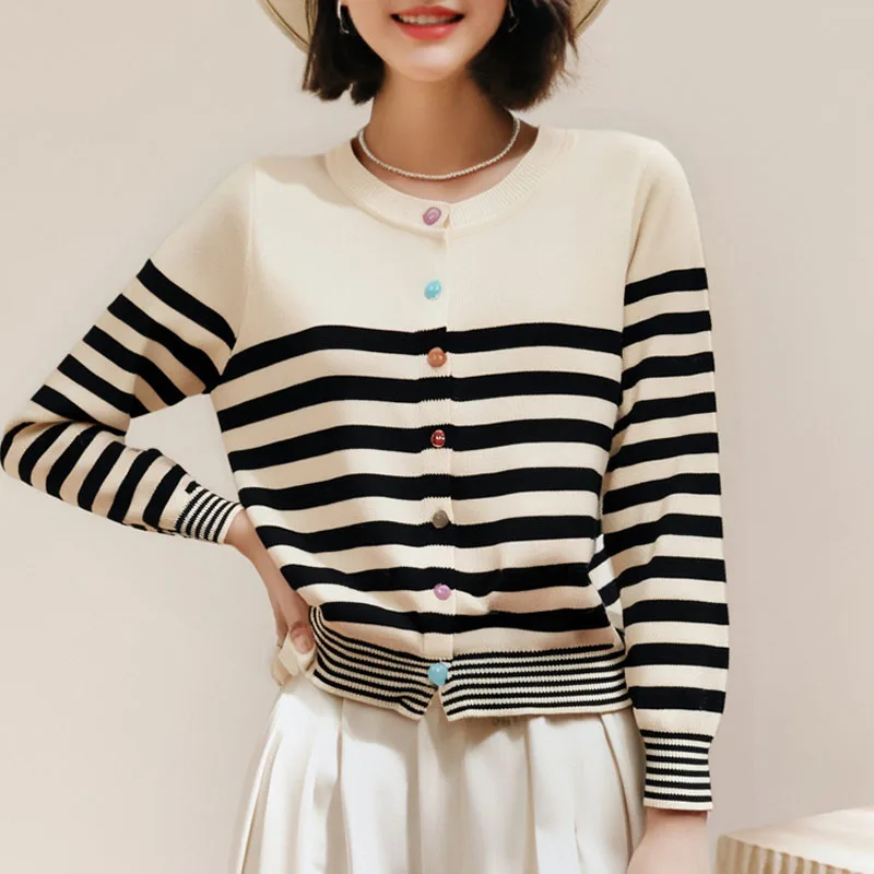 

Вязаный свитер, женские кардиганы, новый полосатый вязаный свитер с длинным рукавом и круглым вырезом, кардиган, женские топы, трикотажные изделия Sueters De Mujer Q1592