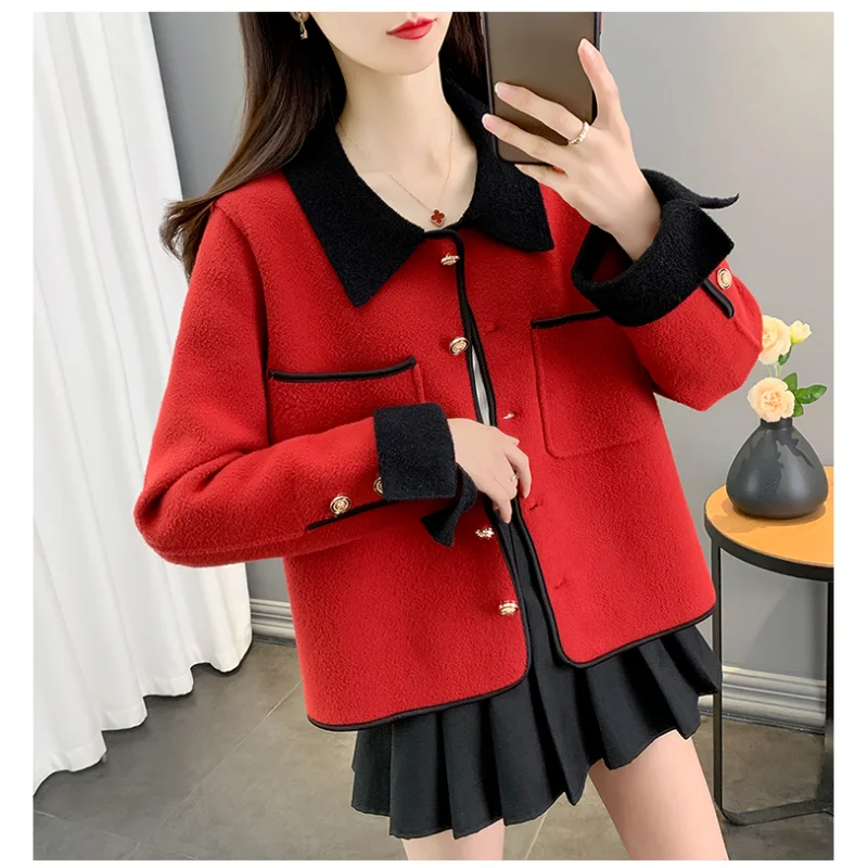 2023 New Skew Collar Knitted Long Sleeve Autumn Winter Slim Casual Solid Color Spliced Sweet Young Style Sweaters Cardigan