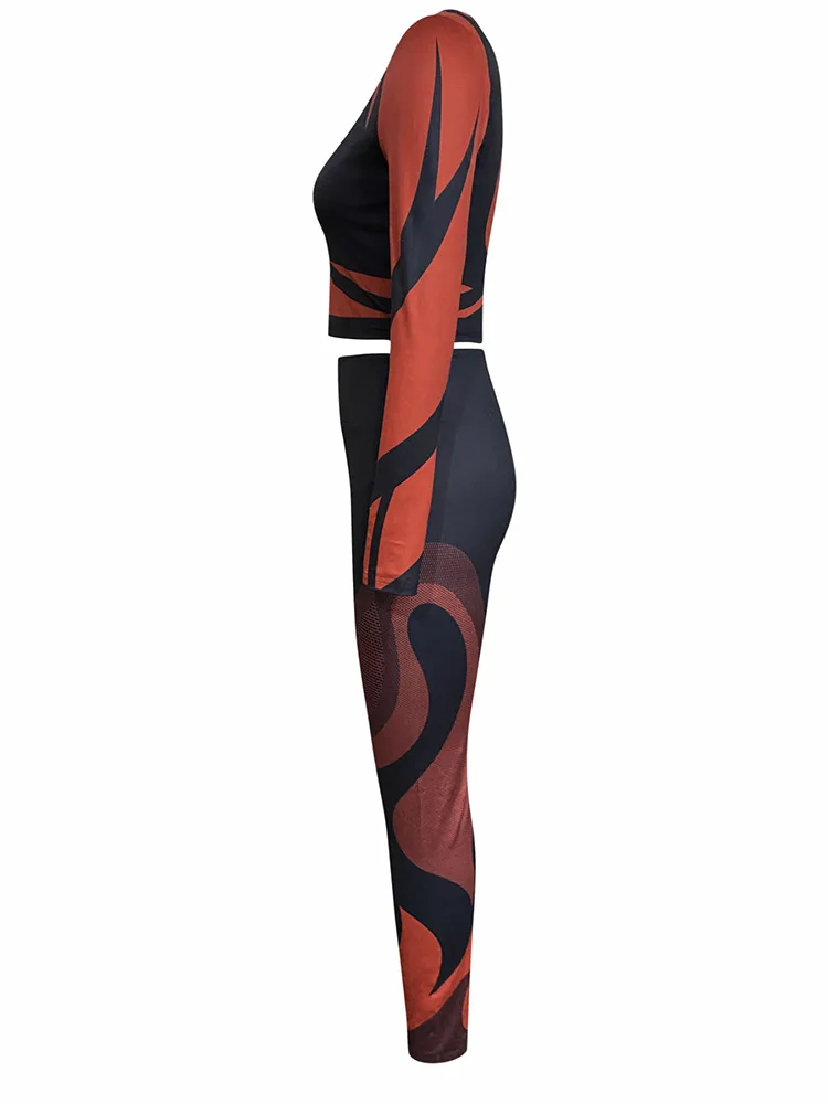 LW Sexy Pant 2 Piece Sets Women Outfit 2024 Autumn Skinny Round Neck Crop Tops Bodycon Streetwear See Through Yoga Pants Set