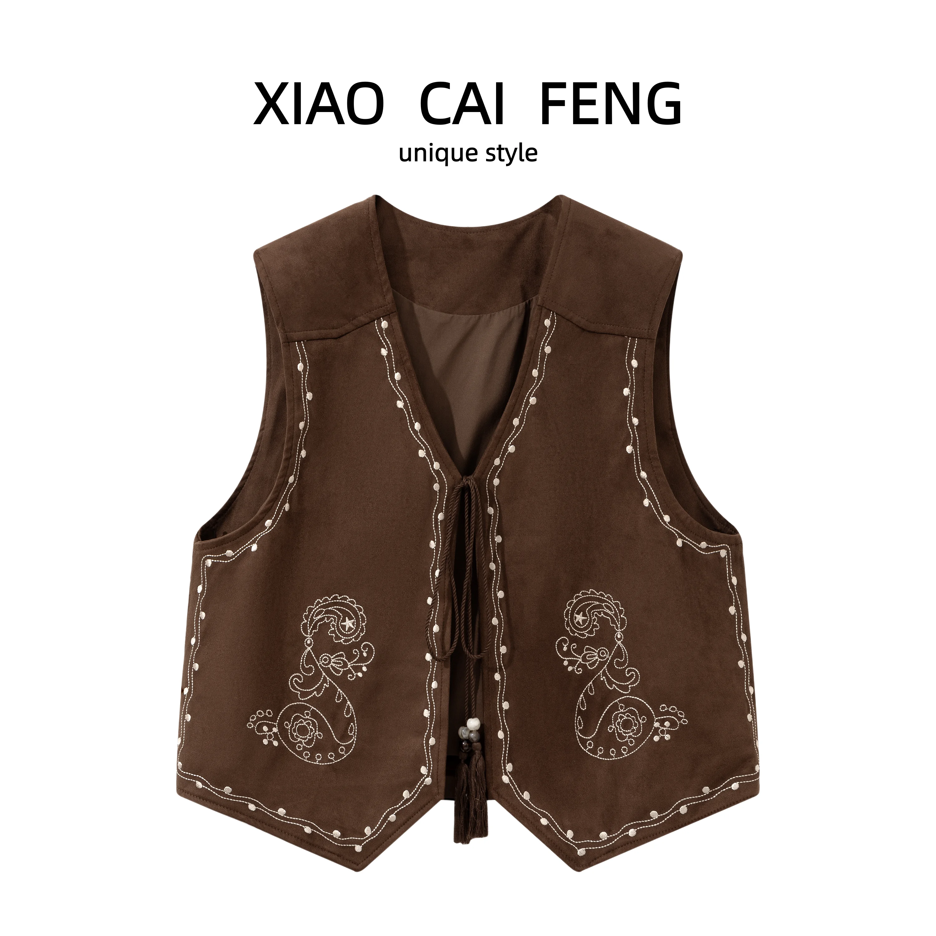 Early Autumn Women's Suede Vest Embroidered Tassel Belted Sleeveless Layering Top Ethnic Style Dreaming Silk Poem Fashion