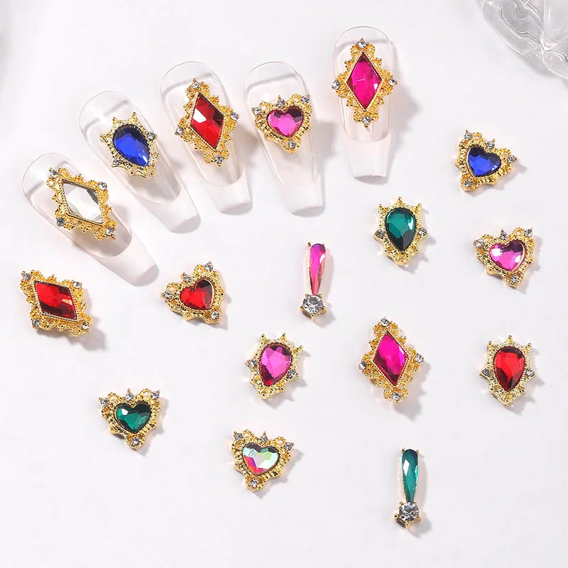 30Pcs Gold Multi-design Heart Drop Nail Art Jewelry Charm White /AB Crystal Rhinestone 3D alloy nail accessories