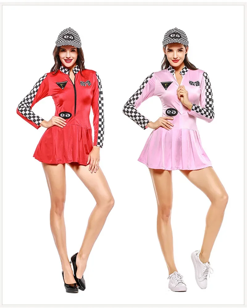 Czerwony różowy seksowny kostium cheerleaderki z długim rękawem Mini sukienka damski kostium kierowcy samochodu wyścigowego