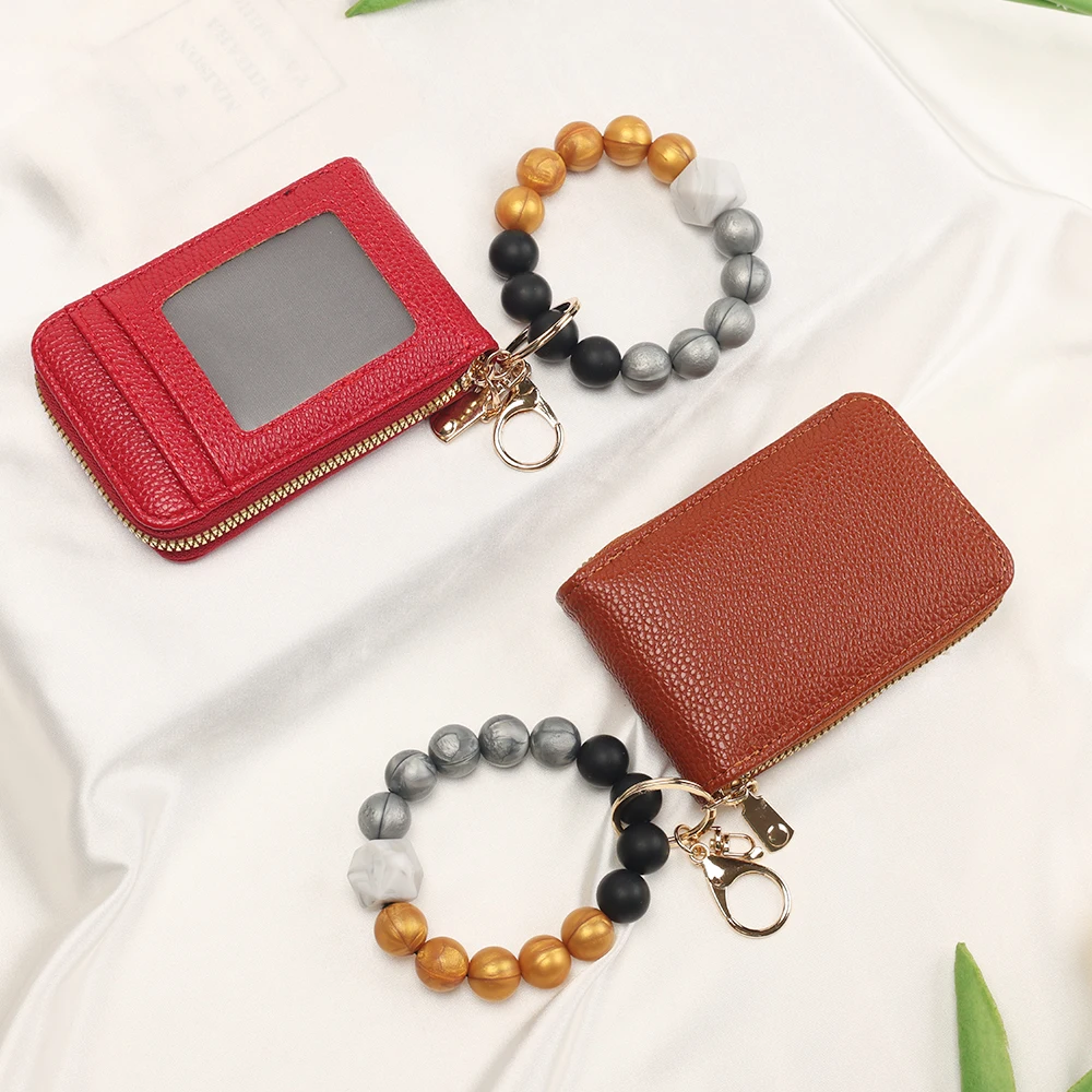 1PCS combination silicone bead bracelet classic lychee pattern key ring card bag card change key anti-release string key bag