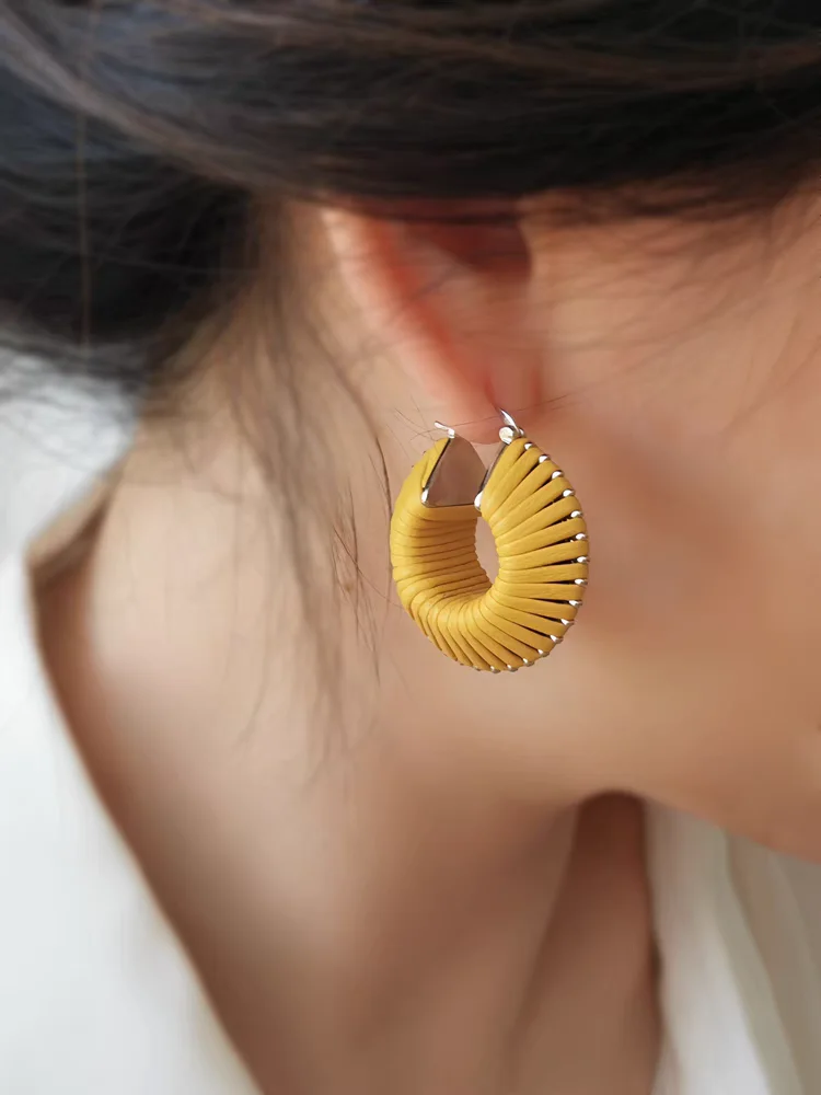 Brass Real leather Braided Hoop Earring Women Jewelry Punk Designer Runway Rare Simply Gown Boho Japan Korean