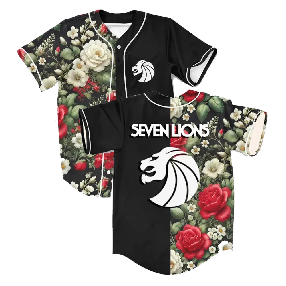 Seven Lions Flower Split Rave Baseball Jersey Short Sleeve Button-up Shirts Women Men Outdoor Streetwear Tops