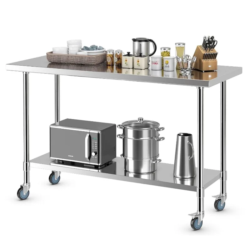 Stainless Steel Table with Wheels, 60” x 24” Rolling Kitchen Prep Table Work Table with Height Adjustable Under Shelf, Fo