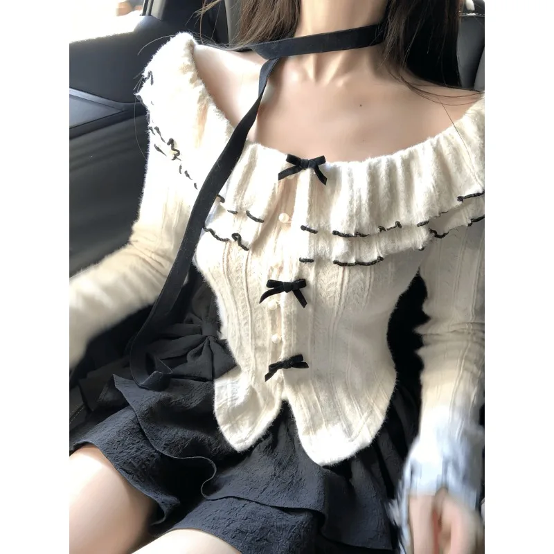 

Японские милые кружевные лоскутные сексуальные комплекты с бантом и длинными рукавами, женская футболка + однотонная повседневная юбка-тортик, милый комплект из двух предметов 2024