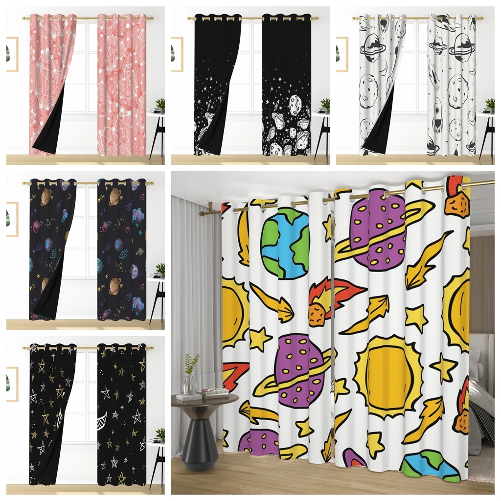 2pcs/set Star Moon Black White Window Curtain Planet Earth Sun Home Living Room Bedroom Decoration Polyester Blackout Curtains