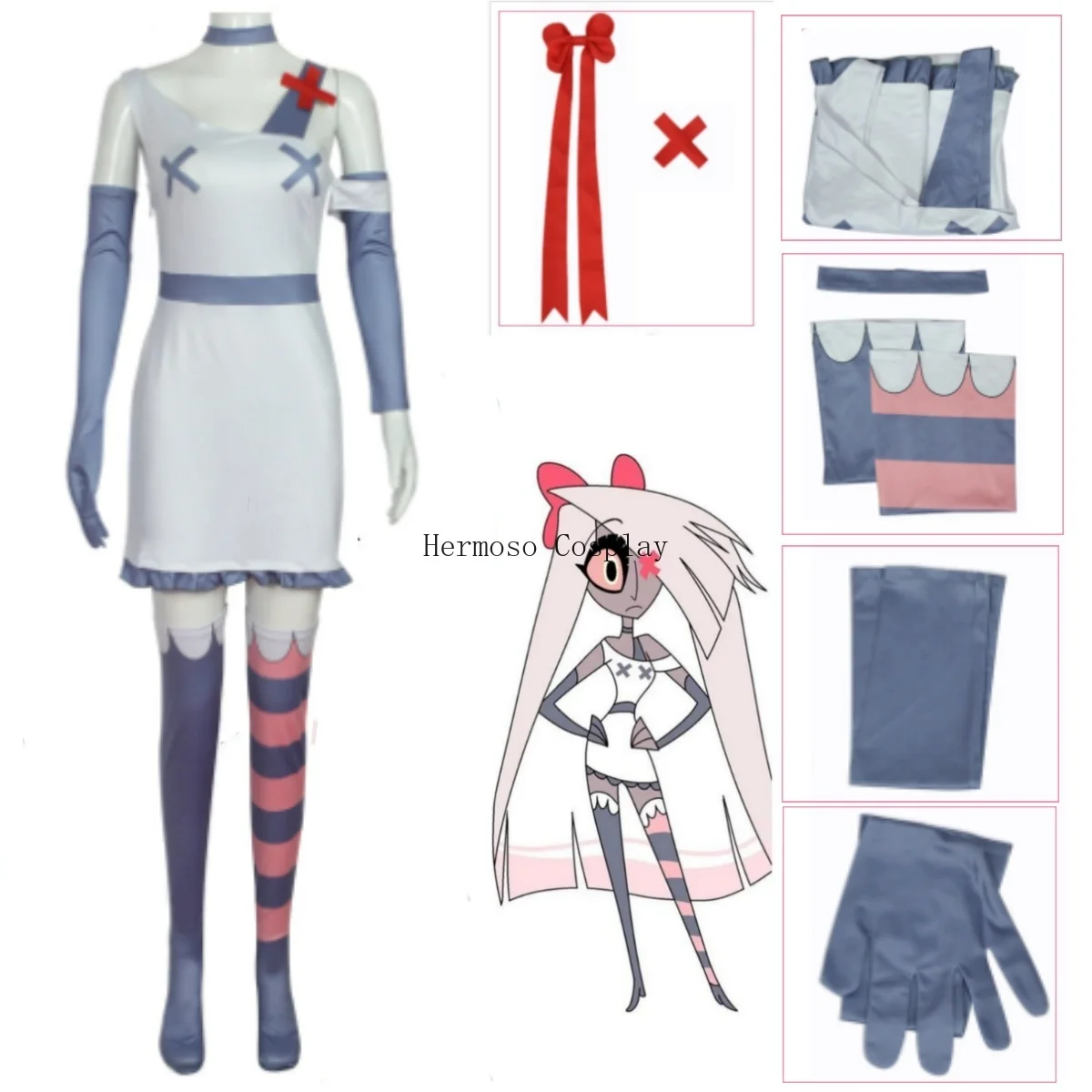 

Vaggie Angel Cosplay Costume Adult Women Dress Suits Halloween Carnival Costume Anime Hotel Dress Socks Gloves Bow Headwear