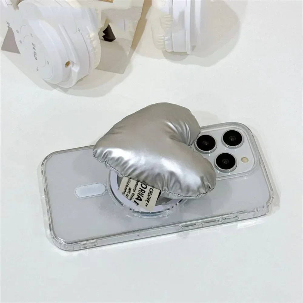 Ins Korea 3D Silver Love Heart For Magsafe Magnetic Phone Stand For Phone Foldable Wireless Charging Case Holder