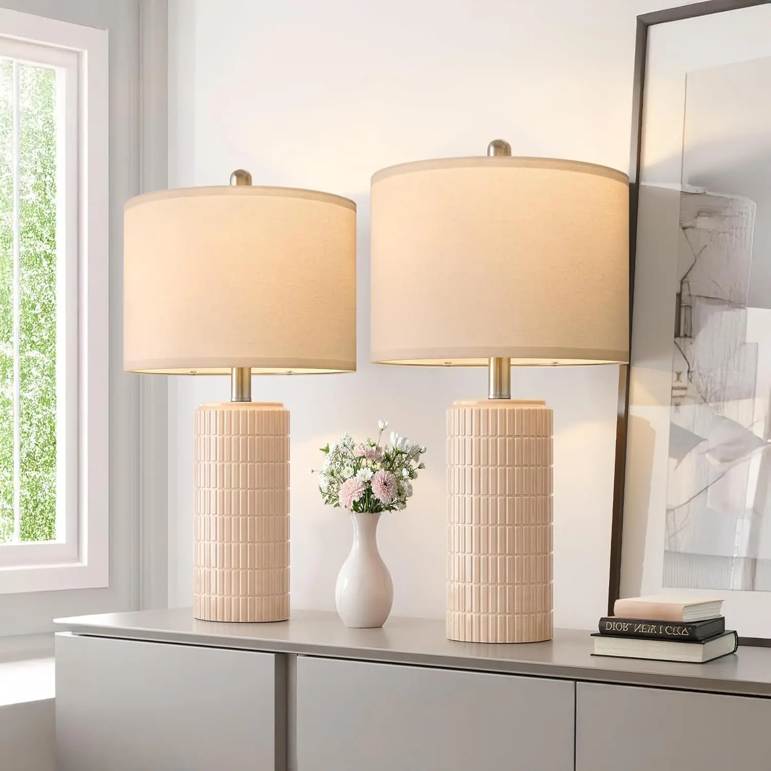 Set di 2 lampade da tavolo in ceramica rosa, lampade da comodino moderne da 23 pollici per la camera delle ragazze e l'arredamento del soggiorno