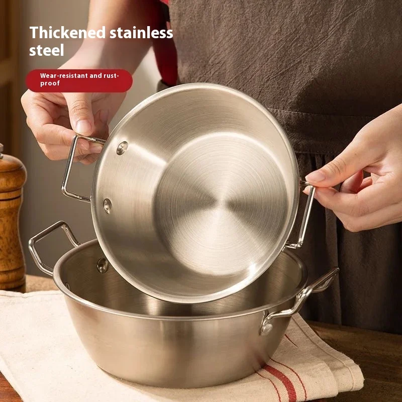 Cuenco de acero inoxidable de doble oreja, cuenco de fideos grueso, ensaladera, utensilios de cocina de alto valor estético para aperitivos y platos