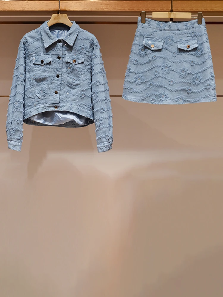 

Повседневный джинсовый комплект из двух предметов для женщин, юбка с воротником «Тет и я», осенняя коллекция, модные и сливы, варианты небольших размеров