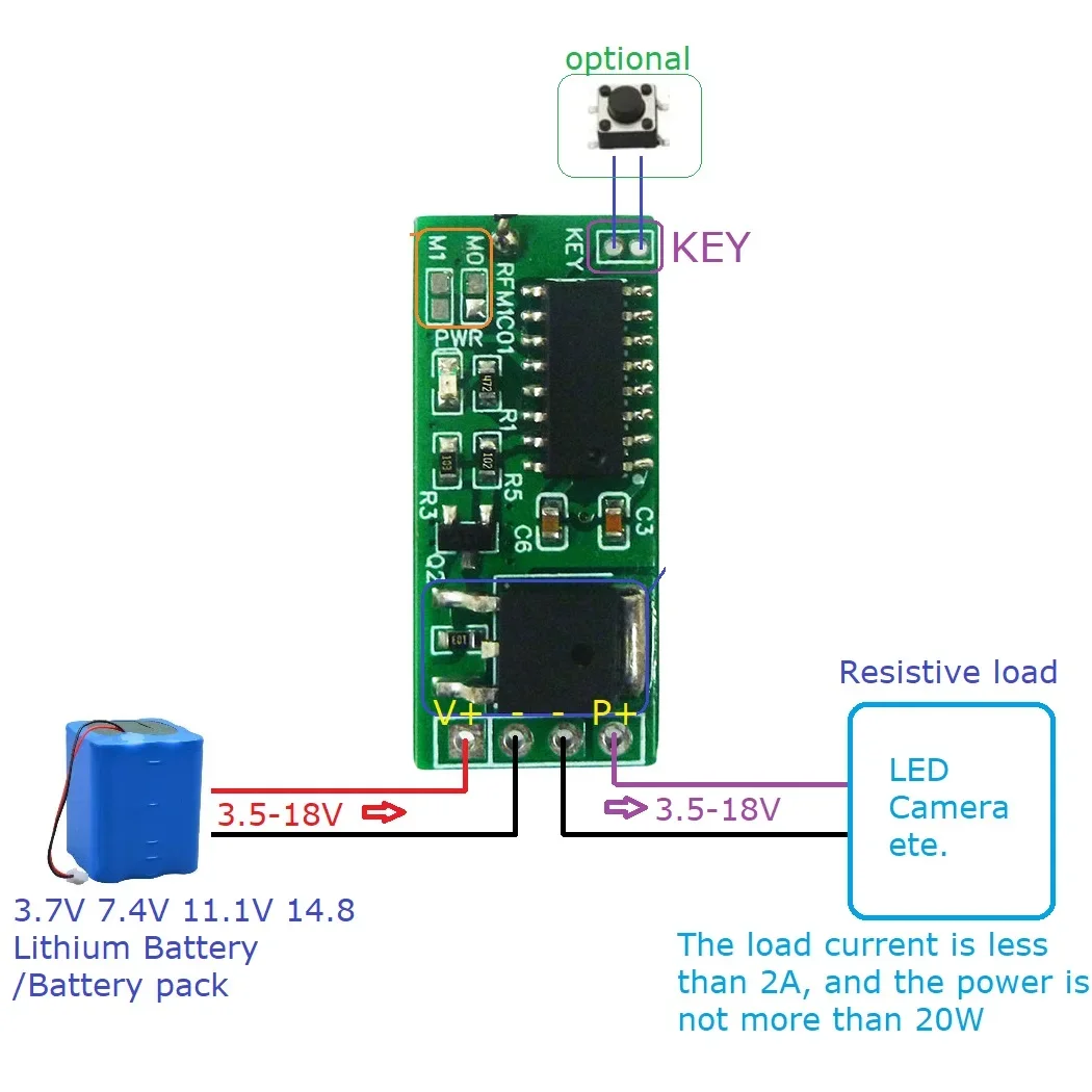 

RFM1C01 3.7V-14.8V 2A Mini Wireless Remote Control Switch Board Standby Current Low Power Lithium Battery Power Control Module