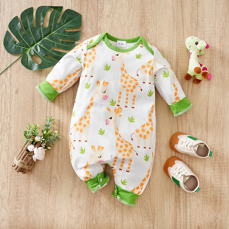

Baby cartoon happy elephant/giraffe pattern fake two casual striped long-sleeved onesies for toddlers and baby boys