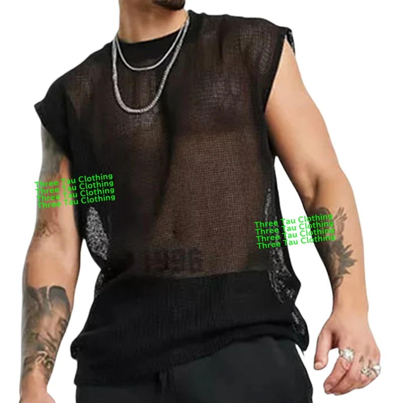 

Casual Mesh See-through Vest Men Summer Sleeveless Tees Hollowing Out Tank Tops Loose Basketball Vest Eye-catching Male Clothes