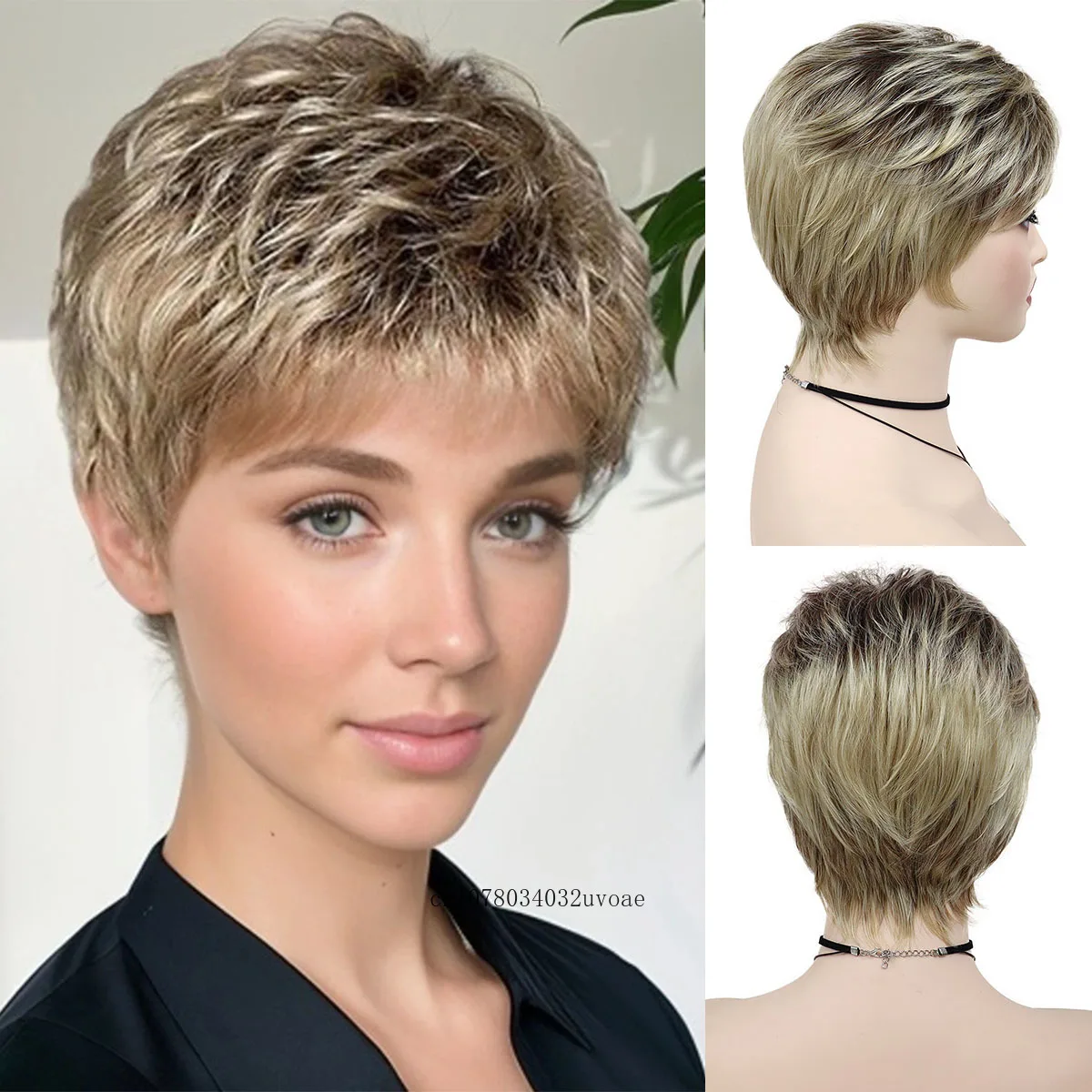 Peluca de corte Pixie Natural para mujer, pelucas cortas sintéticas para mamá, peluca rubia mezclada con flequillo, corte de pelo recto, Cosplay diario para Halloween