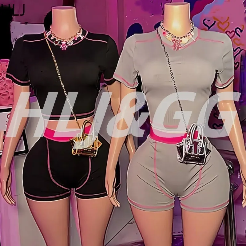 

HLJ&GG Casual Sport Two Piece Outfits Woman Color Block Short Sleeve Crop Top and Bodycon Shorts Matching Suit Female Streetwear