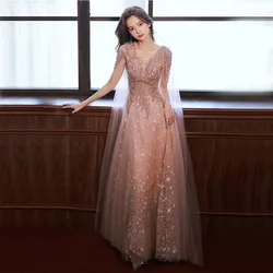 DongCMY 여성용 럭셔리 이브닝 원피스, 중공업 롱 핑크, 별이 빛나는 스파클링, 우아한 파티 원피스, 댄스 파티, 2024 여름 신상