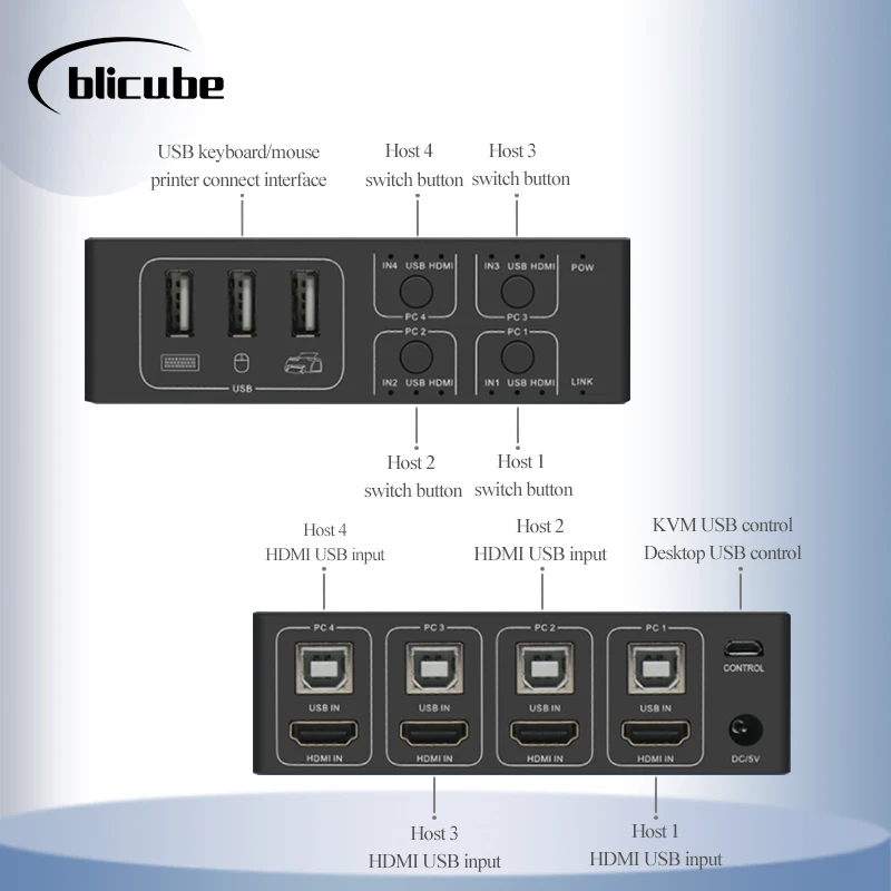 PiKVM BLIKVM HDMI Switch KVM Chia Sẻ Laptop 4 Cổng Chuyển Đổi 4 Vào 1 Ra Bàn Phím Chuột USB Màn Hình Hiển Thị